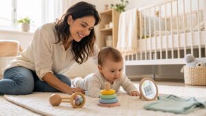 Caregiver sitting beside a baby on a soft nursery play mat with simple toys