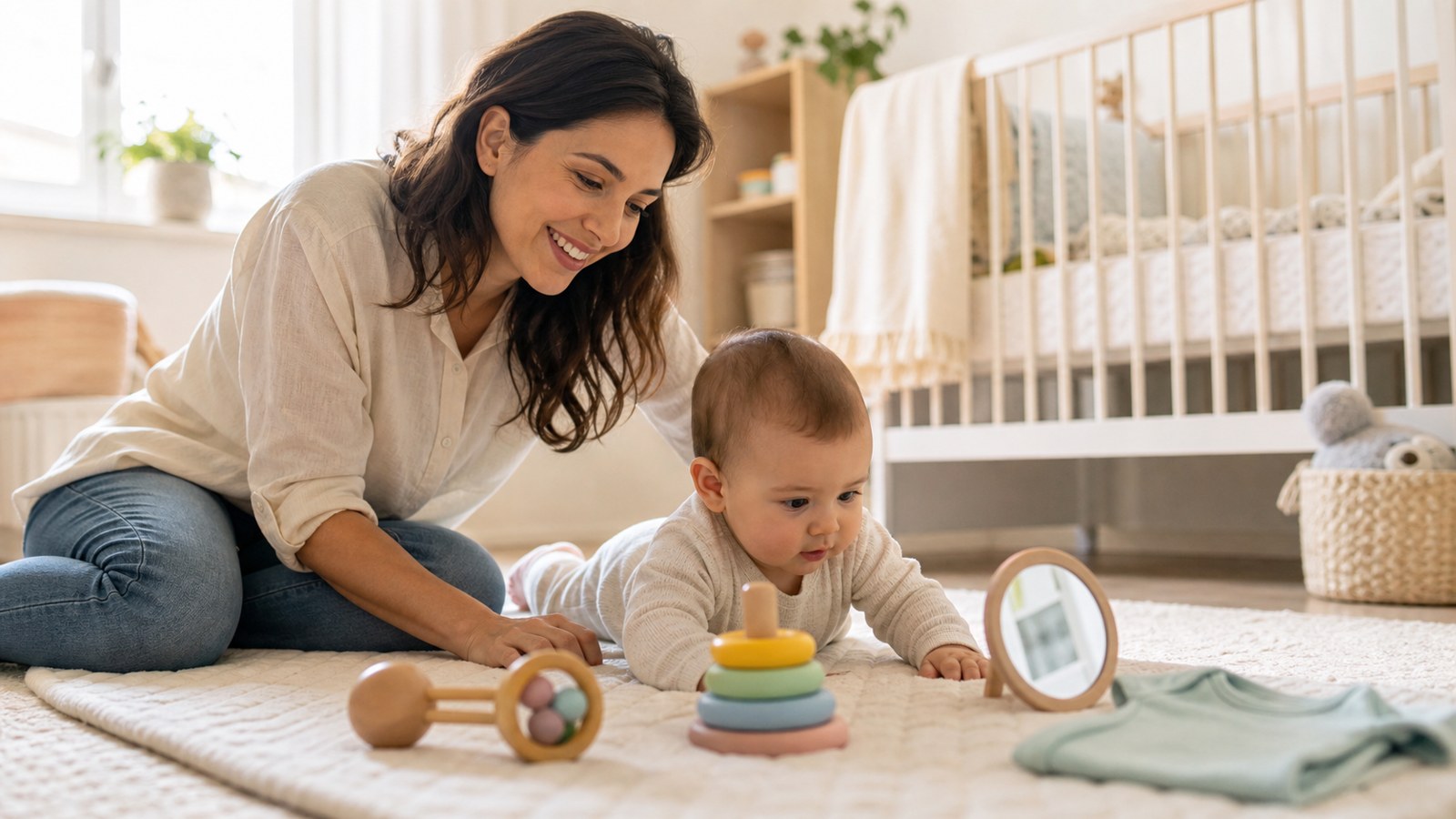 Caregiver sitting beside a baby on a soft nursery play mat with simple toys