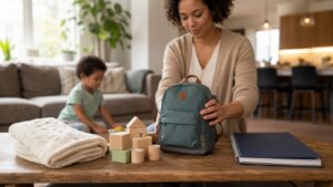 Parent organizing childhood stage objects on a table in a warm home setting