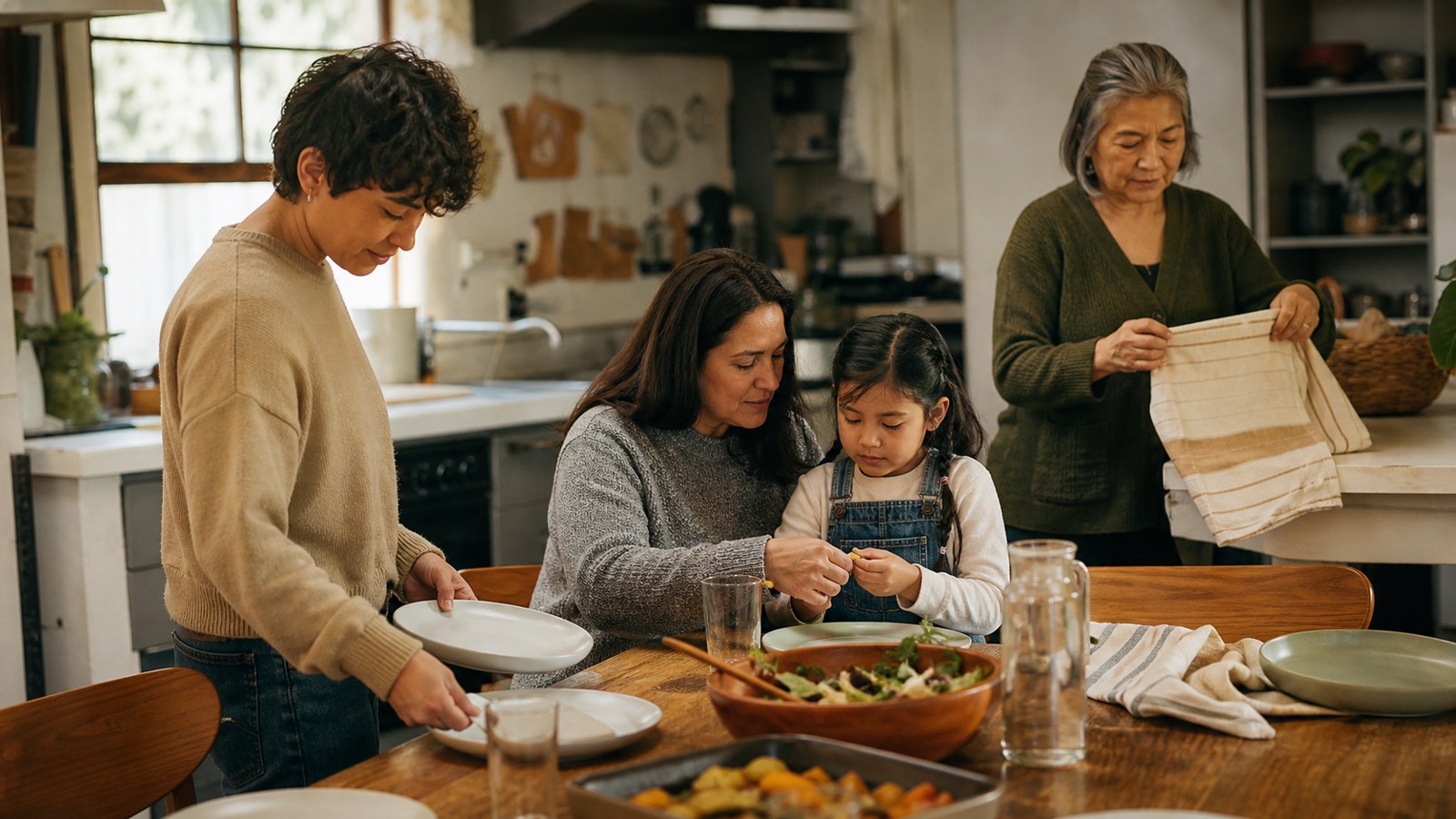 Family members of different ages helping with household tasks around a kitchen table