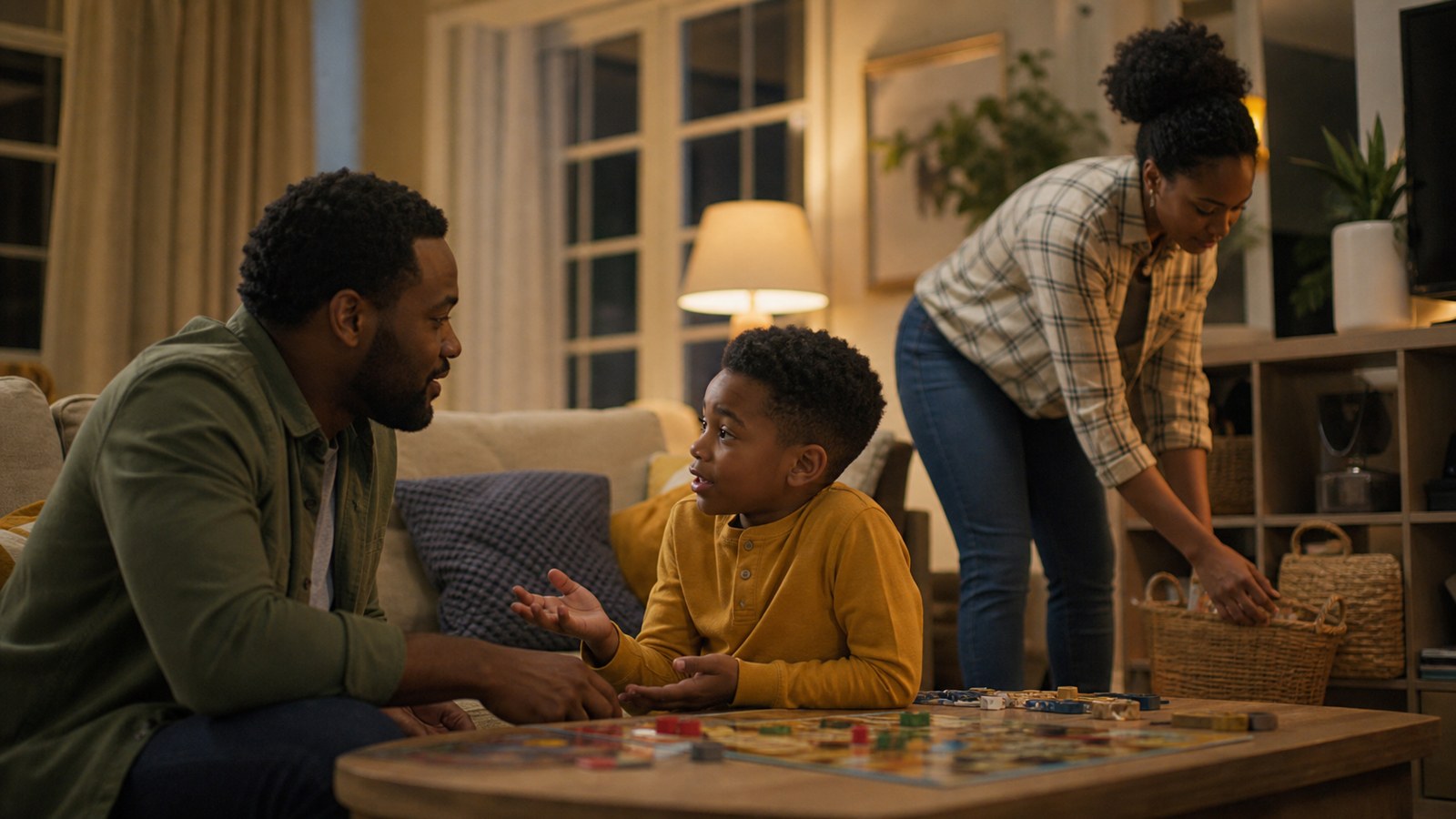 Family members calmly working together around a low living room table