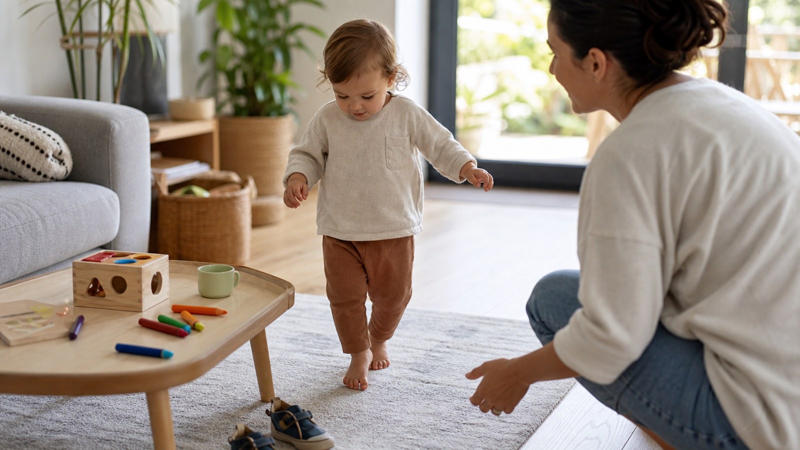 Toddler exploring toys near a low table while a parent crouches nearby in a living room