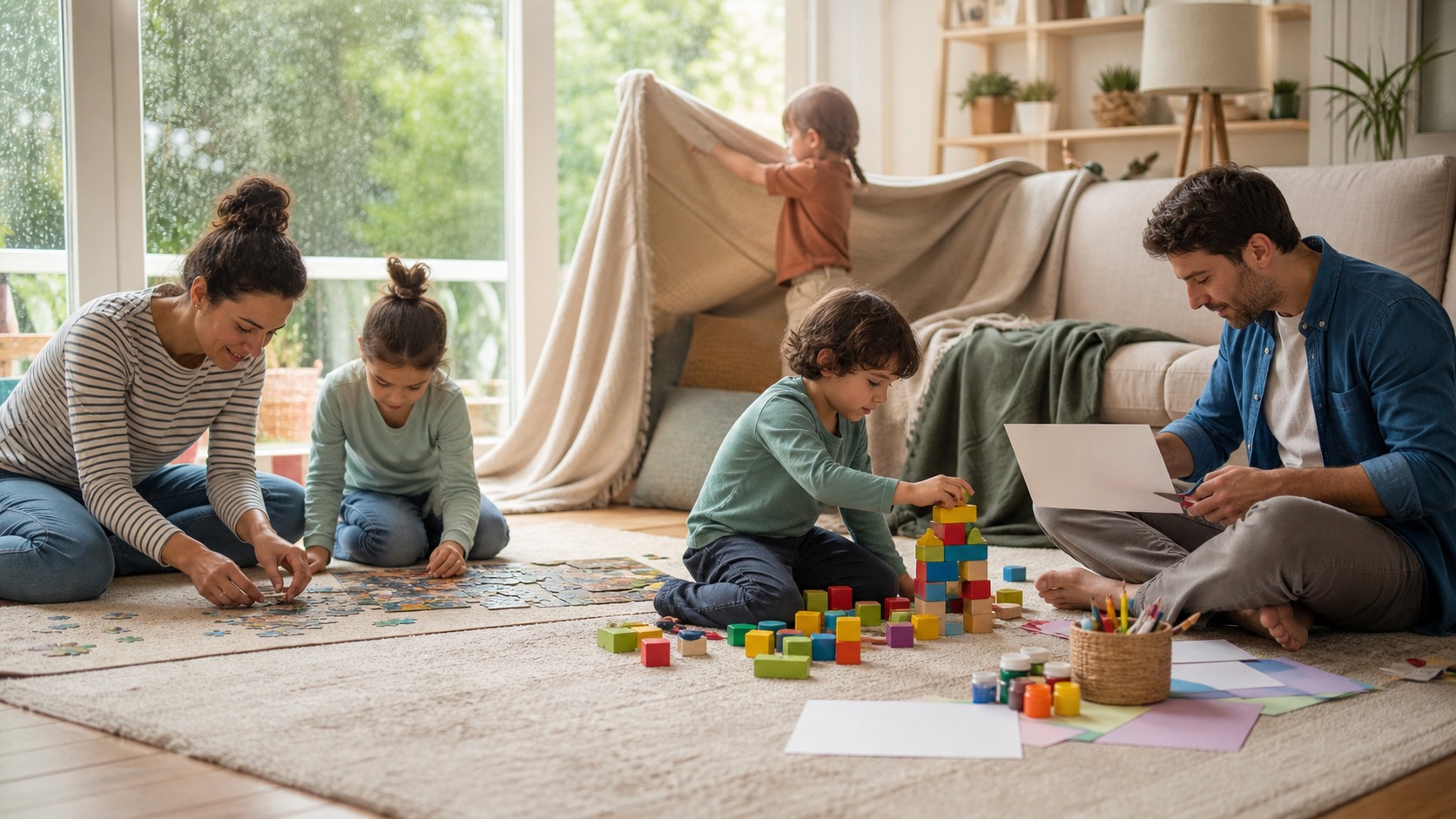 Family enjoying several simple at-home activities in the living room.