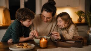 Family gathered at a warm kitchen table for a simple shared tradition.