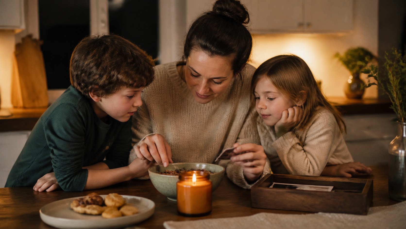 Family gathered at a warm kitchen table for a simple shared tradition.