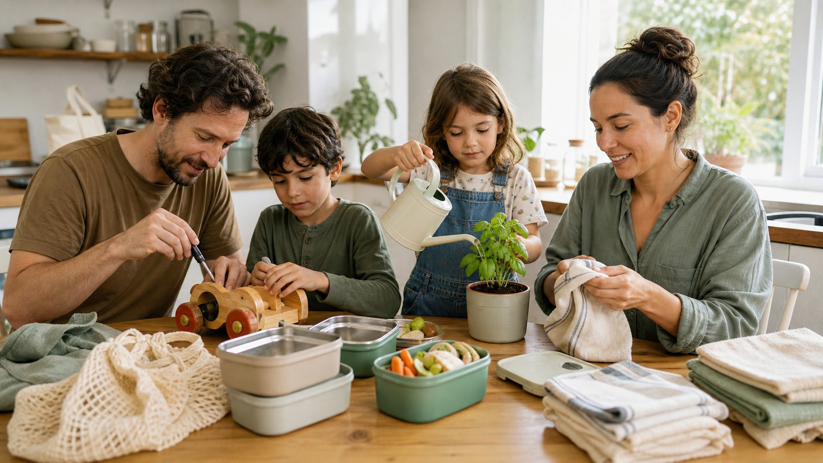 Family practicing eco-friendly habits around a sunny kitchen table.