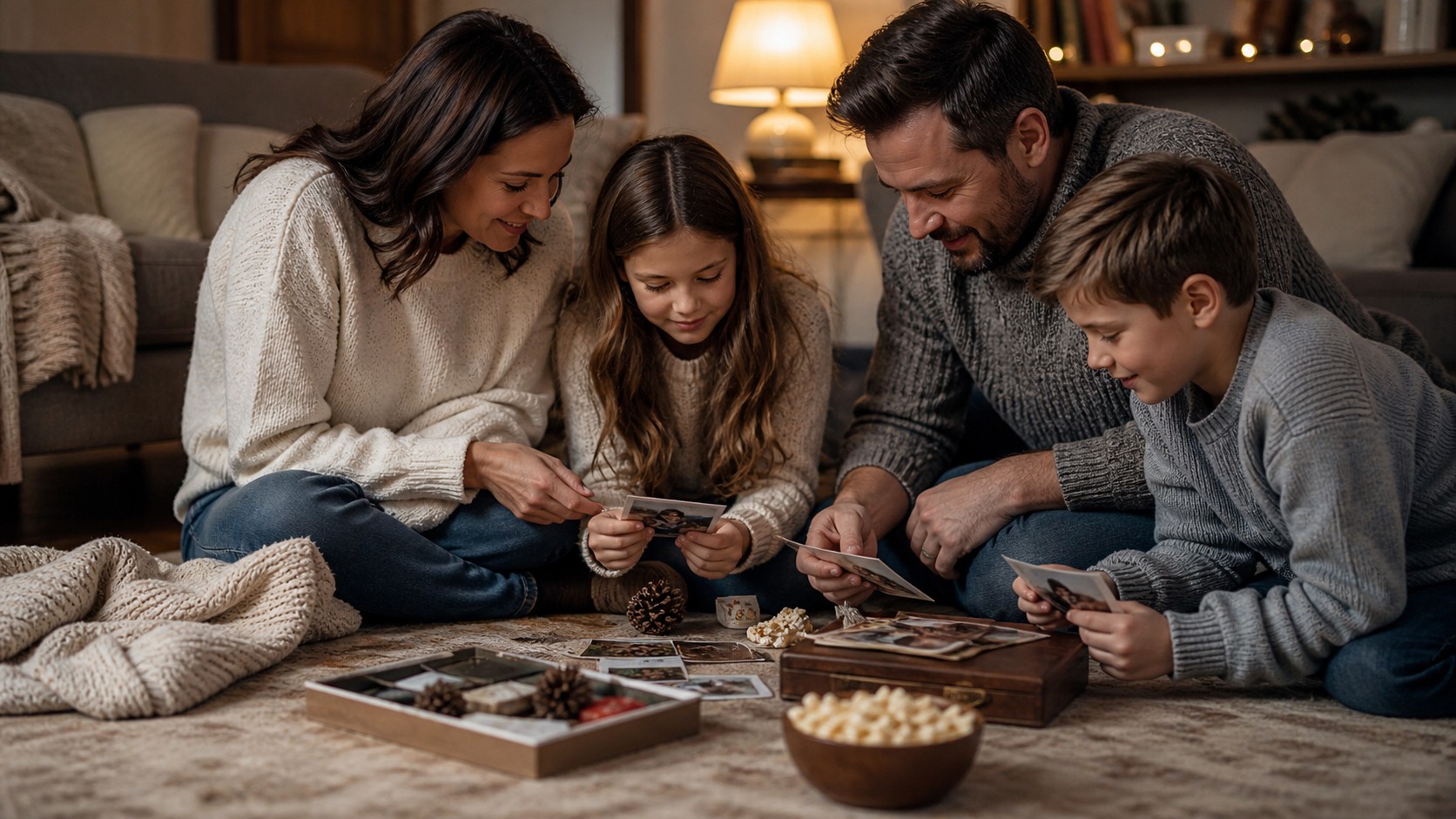 Family sharing photo prints and keepsakes during a cozy memory tradition