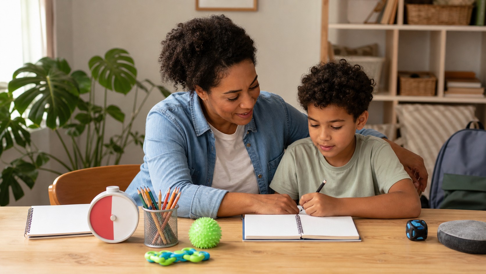 Parent helping a child with ADHD learning supports at a homework table.