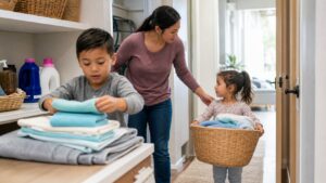 Parent helping two children fold towels and carry laundry in a bright home