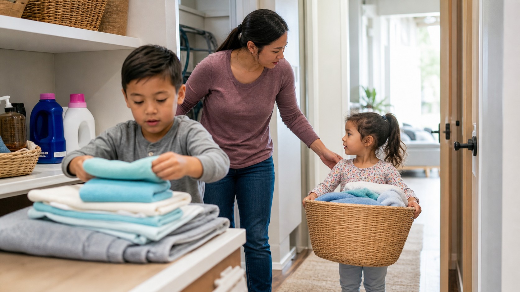 Parent helping two children fold towels and carry laundry in a bright home