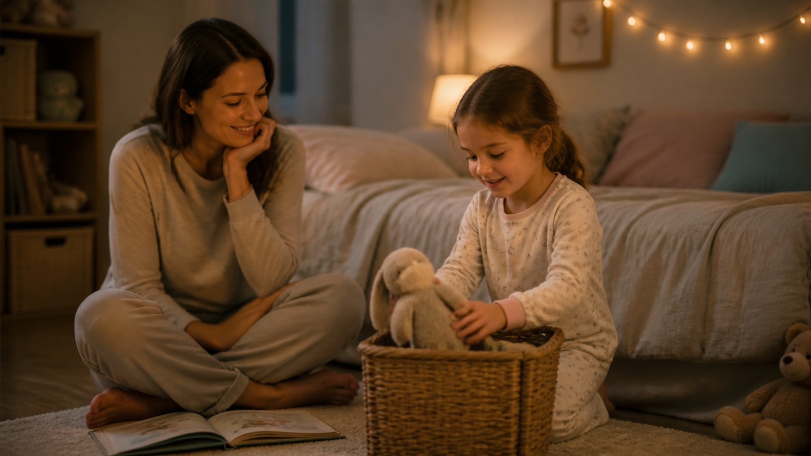 Parent and child winding down in a softly lit bedroom during bedtime routine