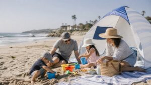 Family setting up a shade tent and sand toys on a calm beach.