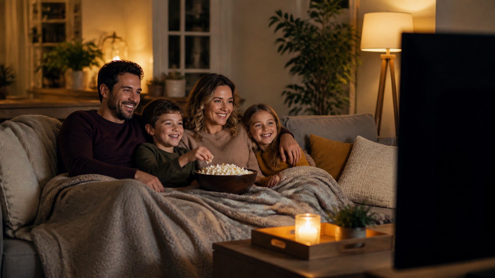 Family smiling together on a couch during a cozy movie night.