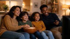 Family watching a cozy television show together on the couch.