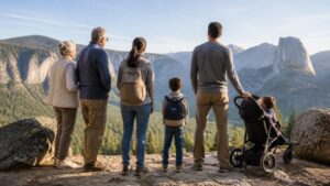 Multi-generational family at a scenic overlook during a U.S. vacation.