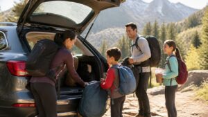 Family preparing backpacks for an outdoor vacation near mountains.