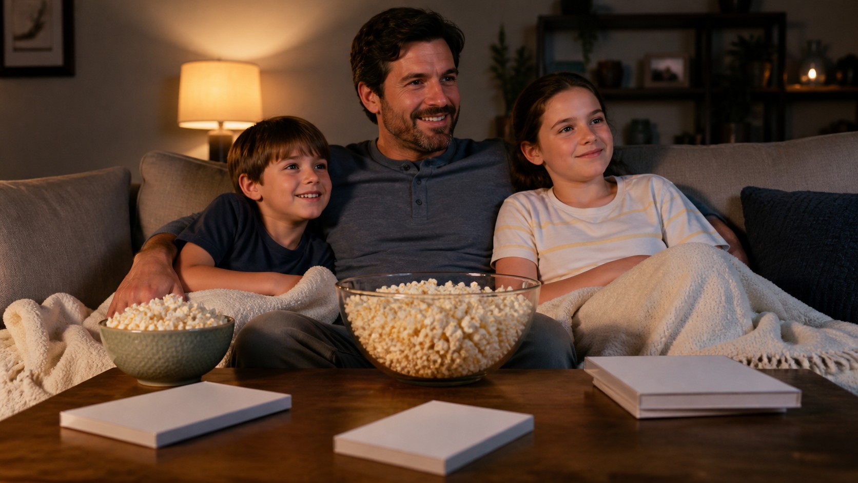 Parent watching an age-appropriate movie with two children of different ages.