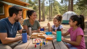 Family enjoying a budget-friendly outdoor picnic vacation at a campground.