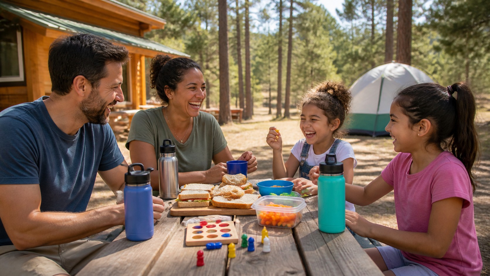 Family enjoying a budget-friendly outdoor picnic vacation at a campground.