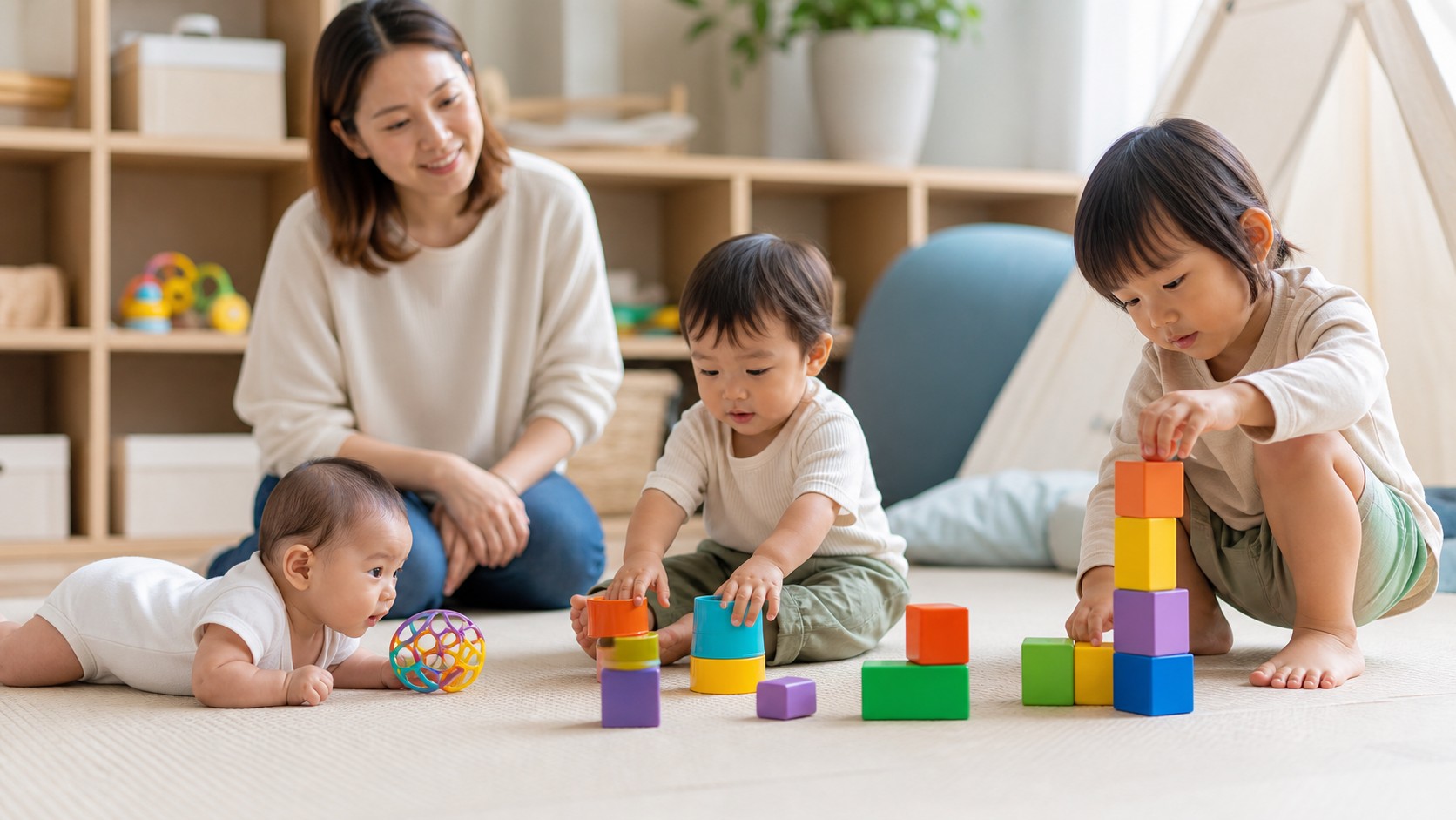 Parent observing children at different developmental stages in a playroom.