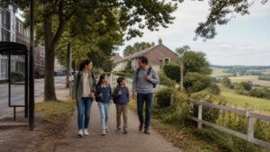 Family walking through a neighborhood that opens toward countryside.