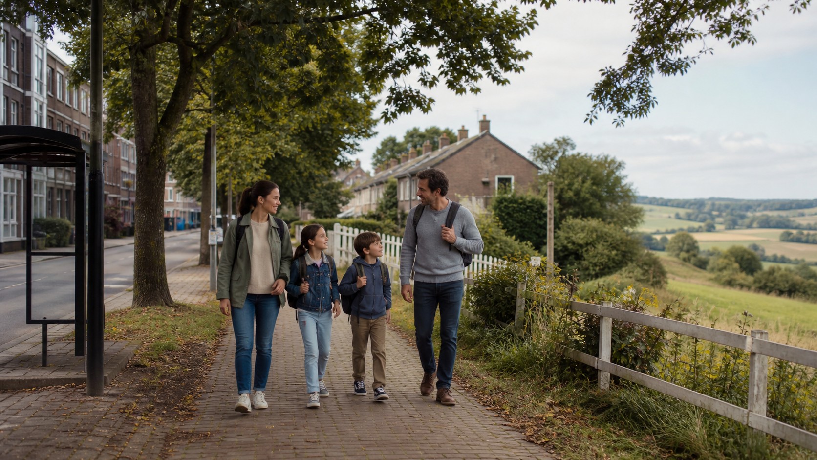 Family walking through a neighborhood that opens toward countryside.