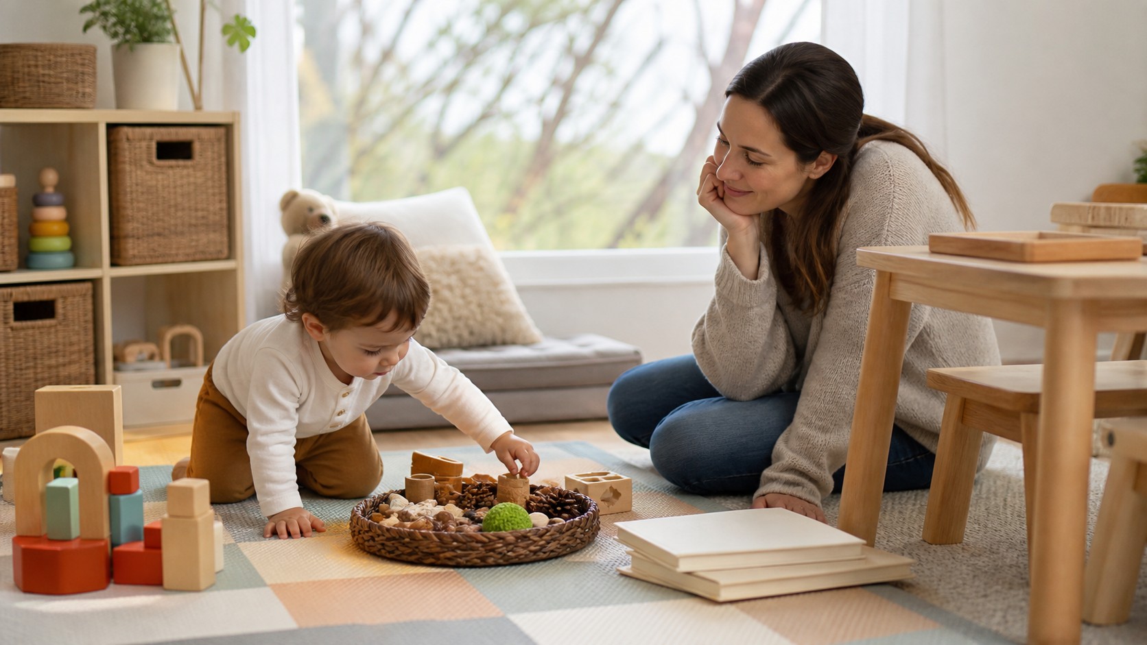 Parent watching a toddler explore sensory play in a home playroom.