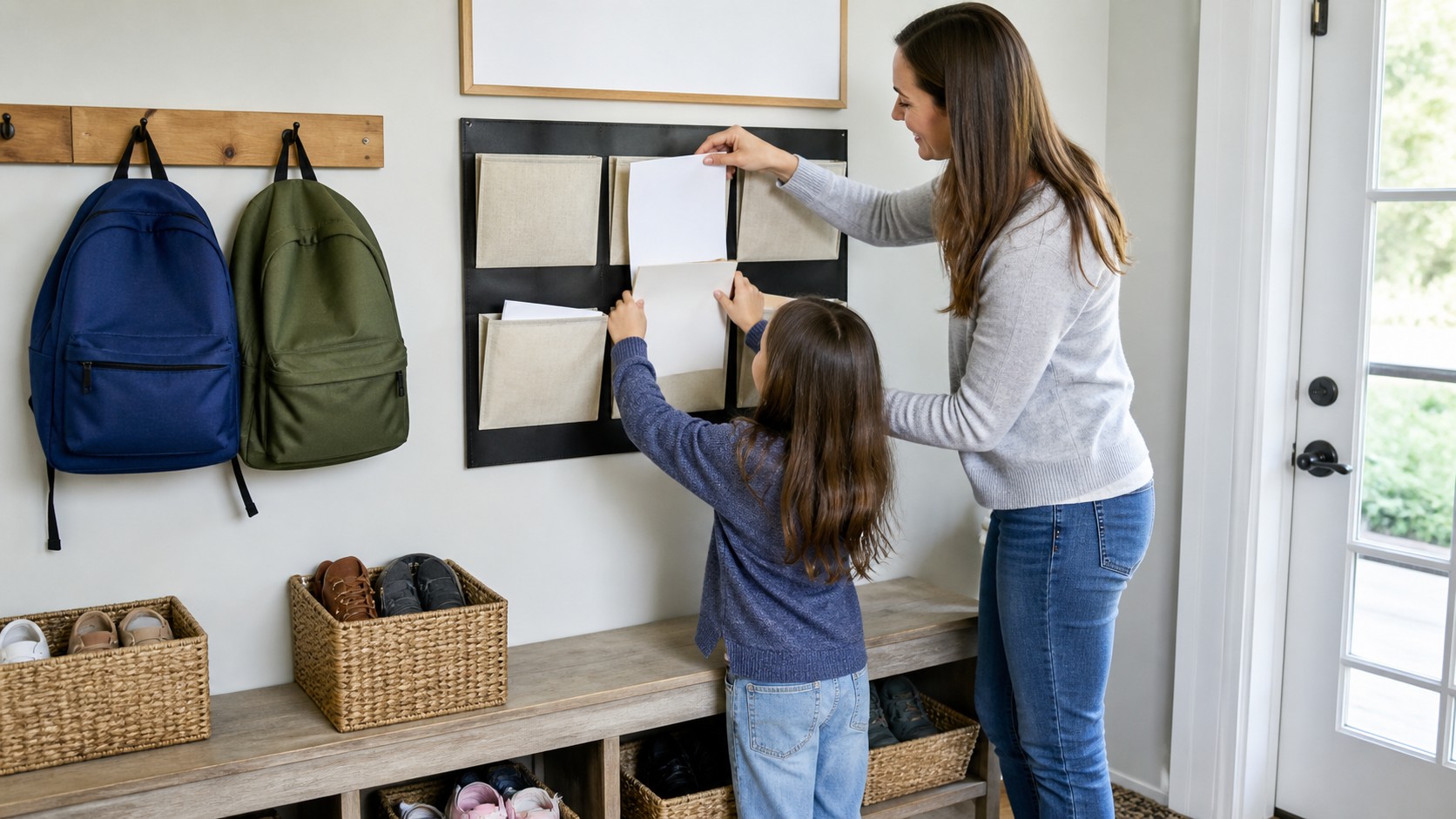 Parent and child using a family command center with blank papers and backpacks.