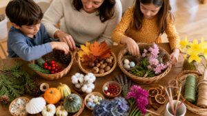 Caregiver and children arranging seasonal objects for family tradition planning