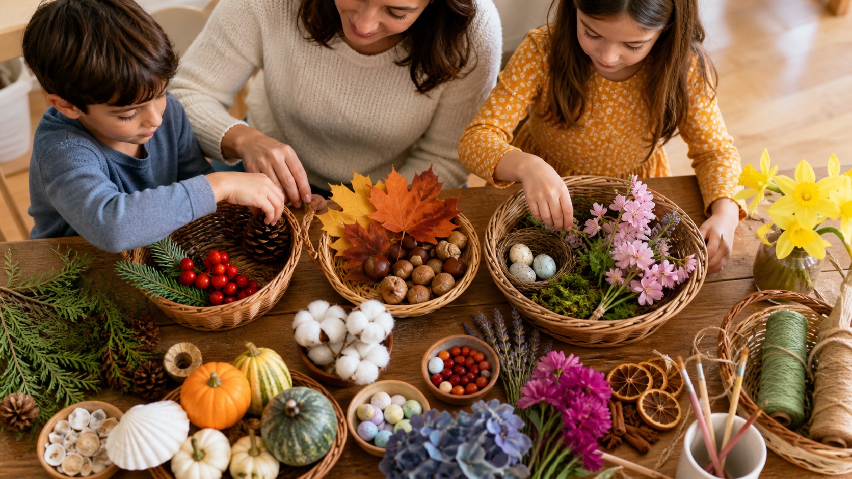 Caregiver and children arranging seasonal objects for family tradition planning