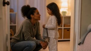 Caregiver listening patiently to a child in a softly lit bedroom doorway