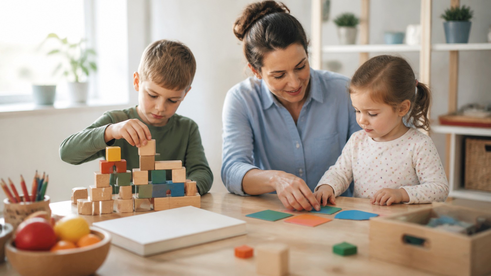 Parent guiding children through hands-on learning at home.