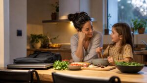Parent and child preparing dinner after work with closed work bag nearby.