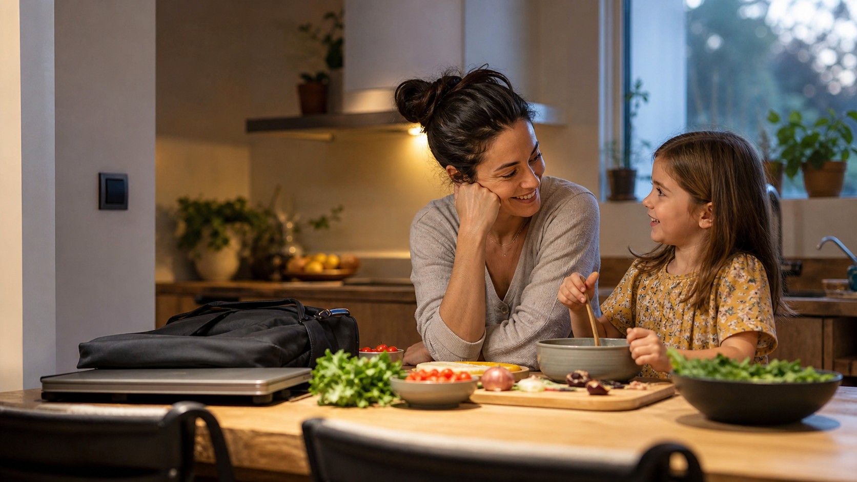 Parent and child preparing dinner after work with closed work bag nearby.