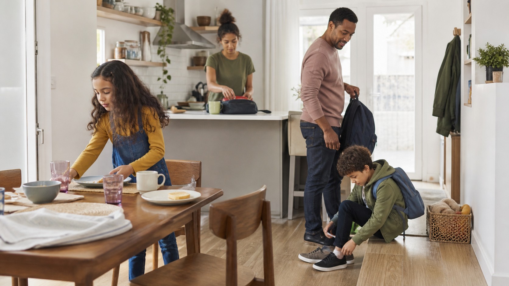 Family moving through a calm morning routine in a bright kitchen and entryway