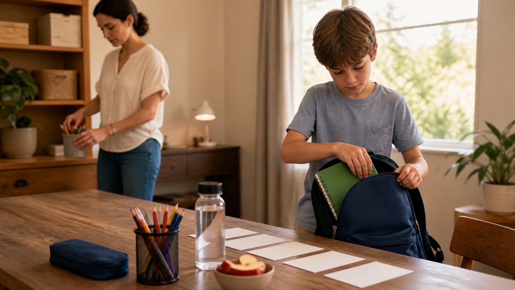Child organizing materials for a calm homework routine at home.