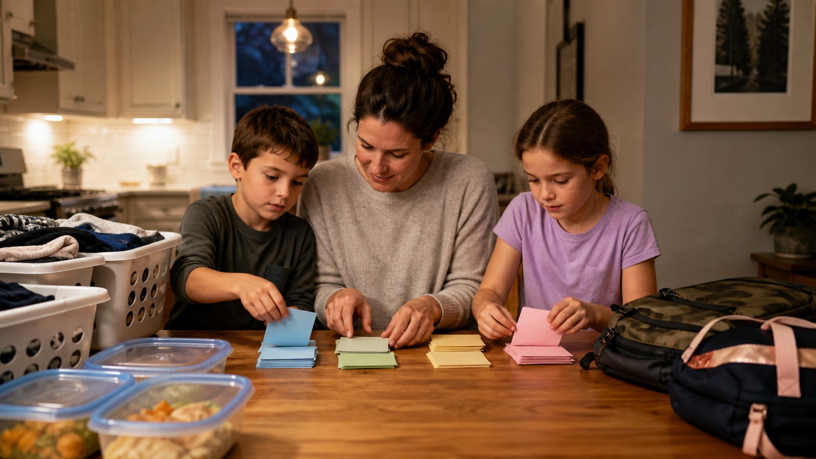 Family preparing for the week with laundry, backpacks, and blank planning cards.