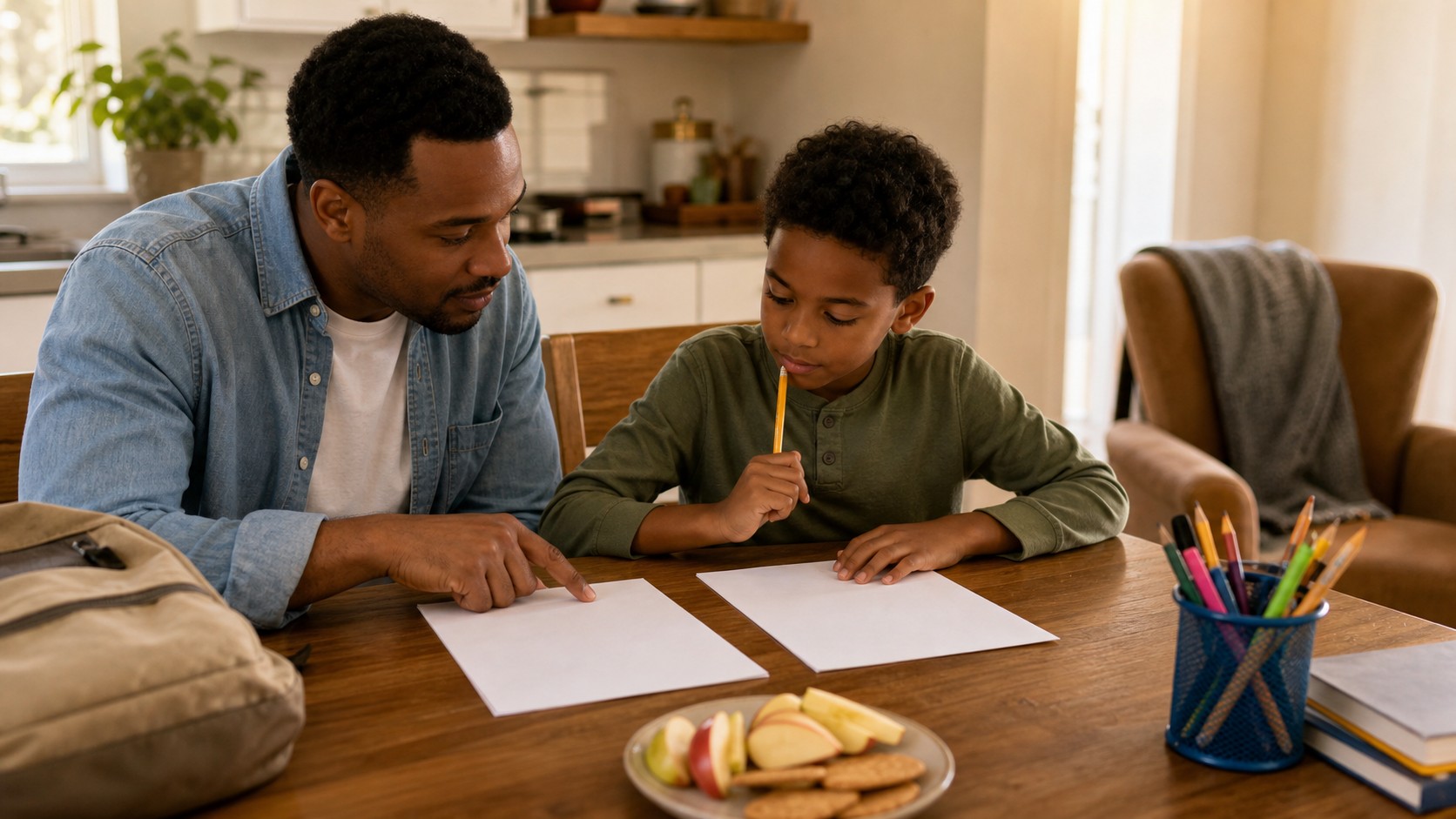 Parent helping a child start homework calmly at the kitchen table.