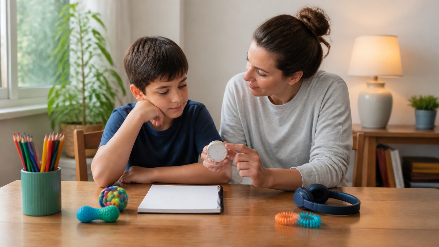 Parent helping a child with ADHD set up a focused homework routine.