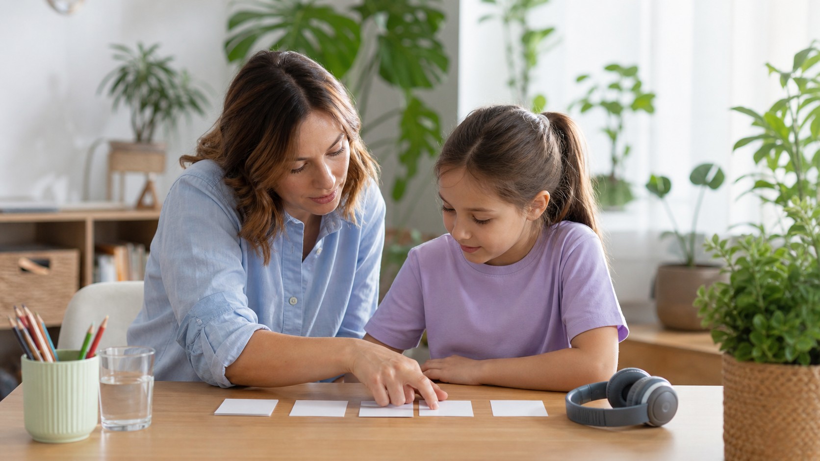 Parent helping a child build focus with blank task cards at home.