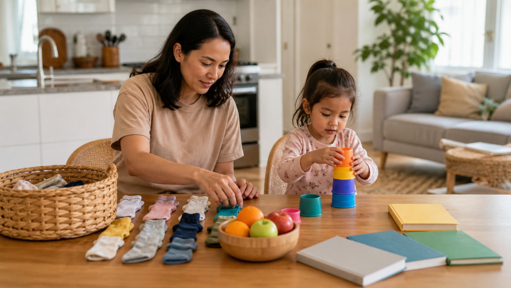 Parent helping a child learn at home through simple everyday activities.