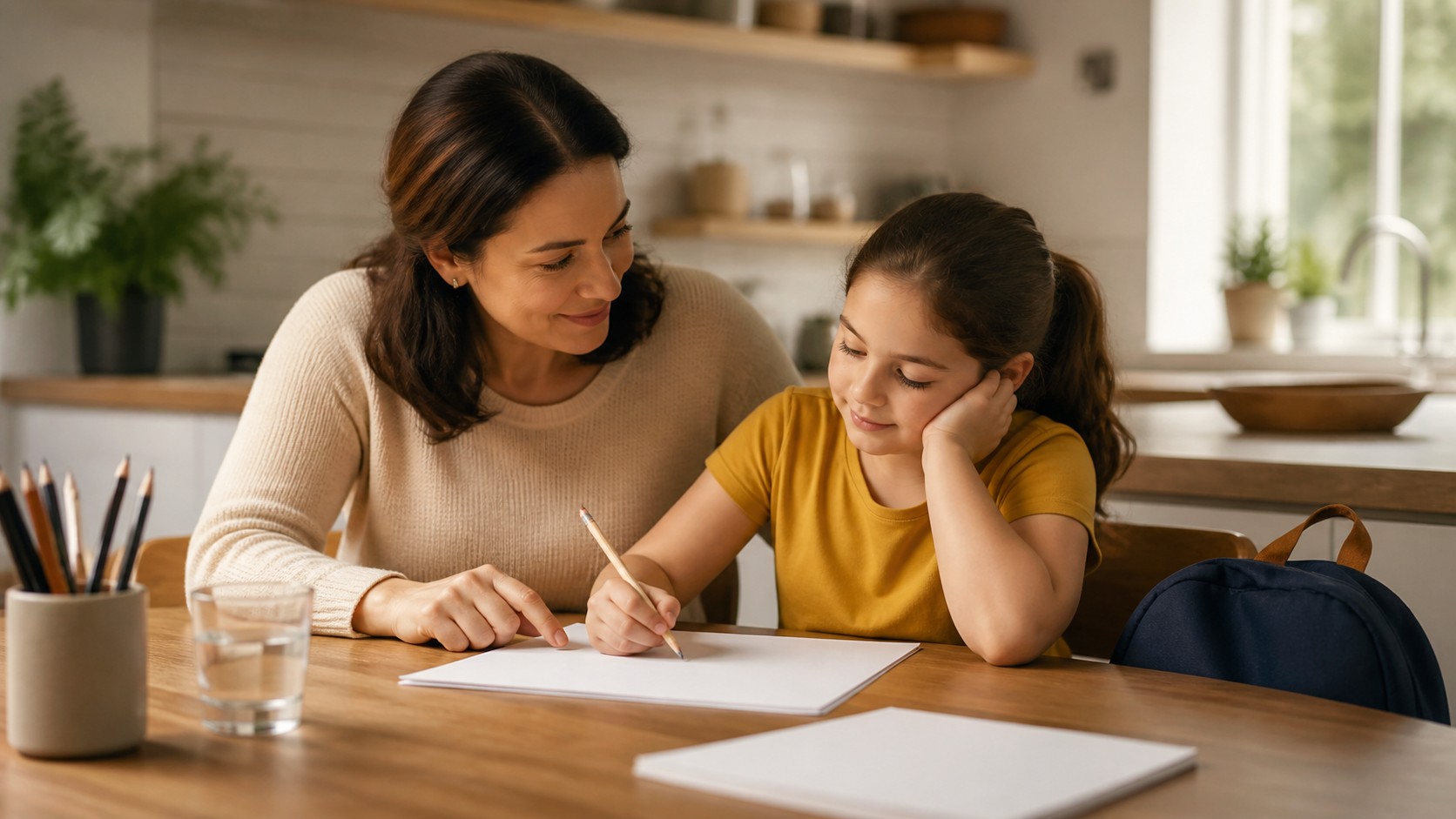 Parent supporting a relaxed child during homework at the kitchen table.