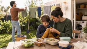 Family using low-cost sustainable habits in the backyard and kitchen.
