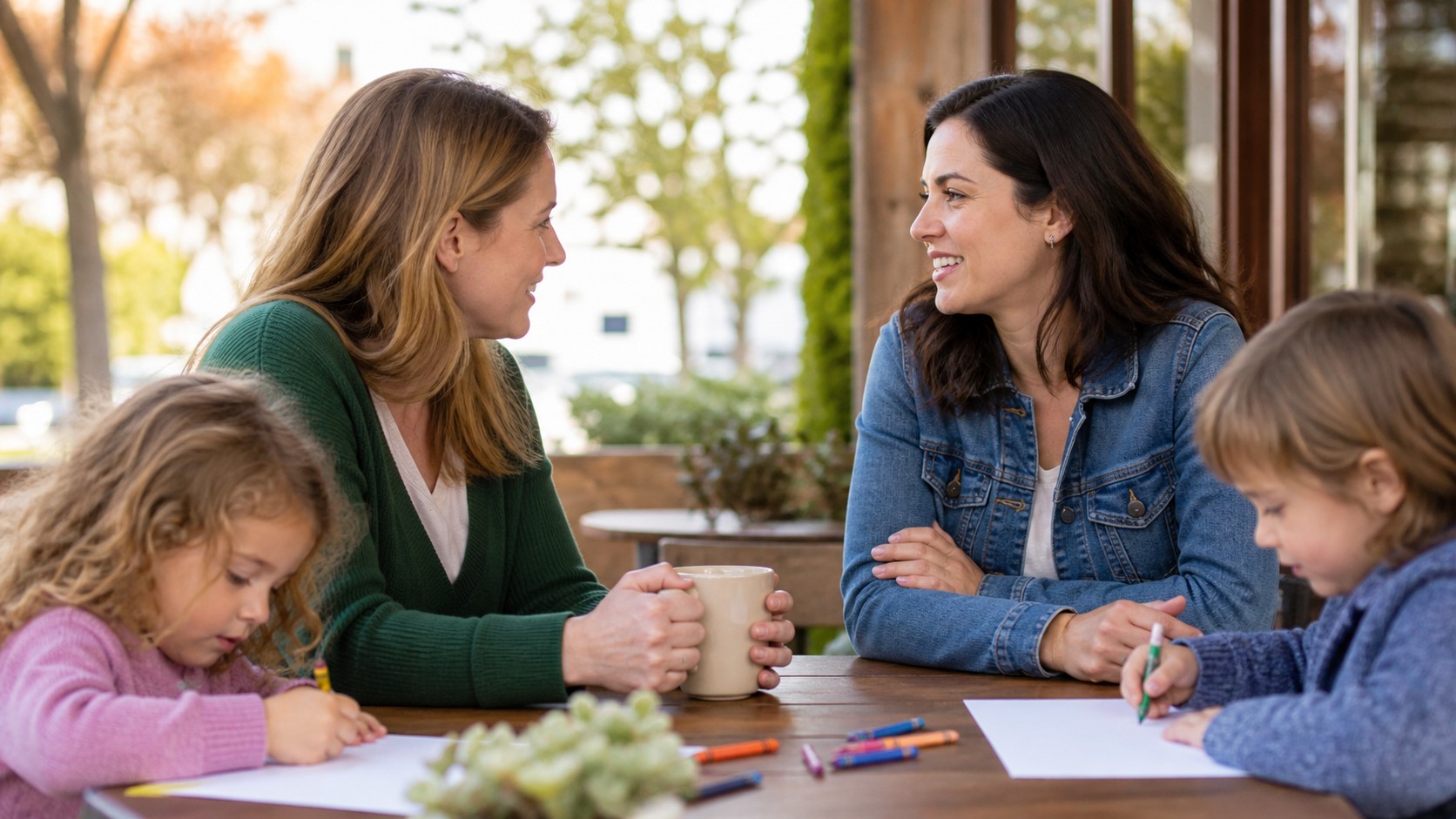 Two mothers having a relaxed conversation while children draw nearby.