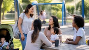 Parents talking warmly at a park while children play nearby.
