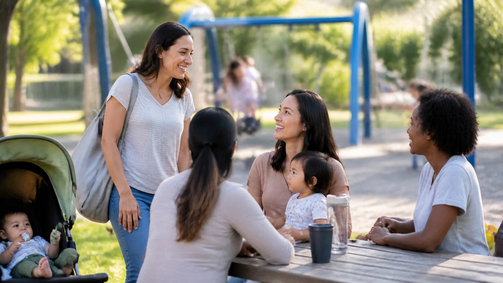 Parents talking warmly at a park while children play nearby.