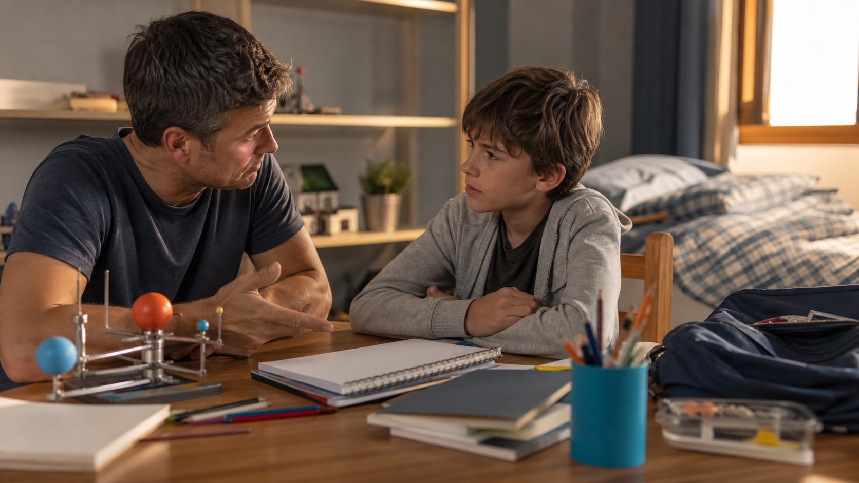 Parent having a calm school motivation conversation with an older child.