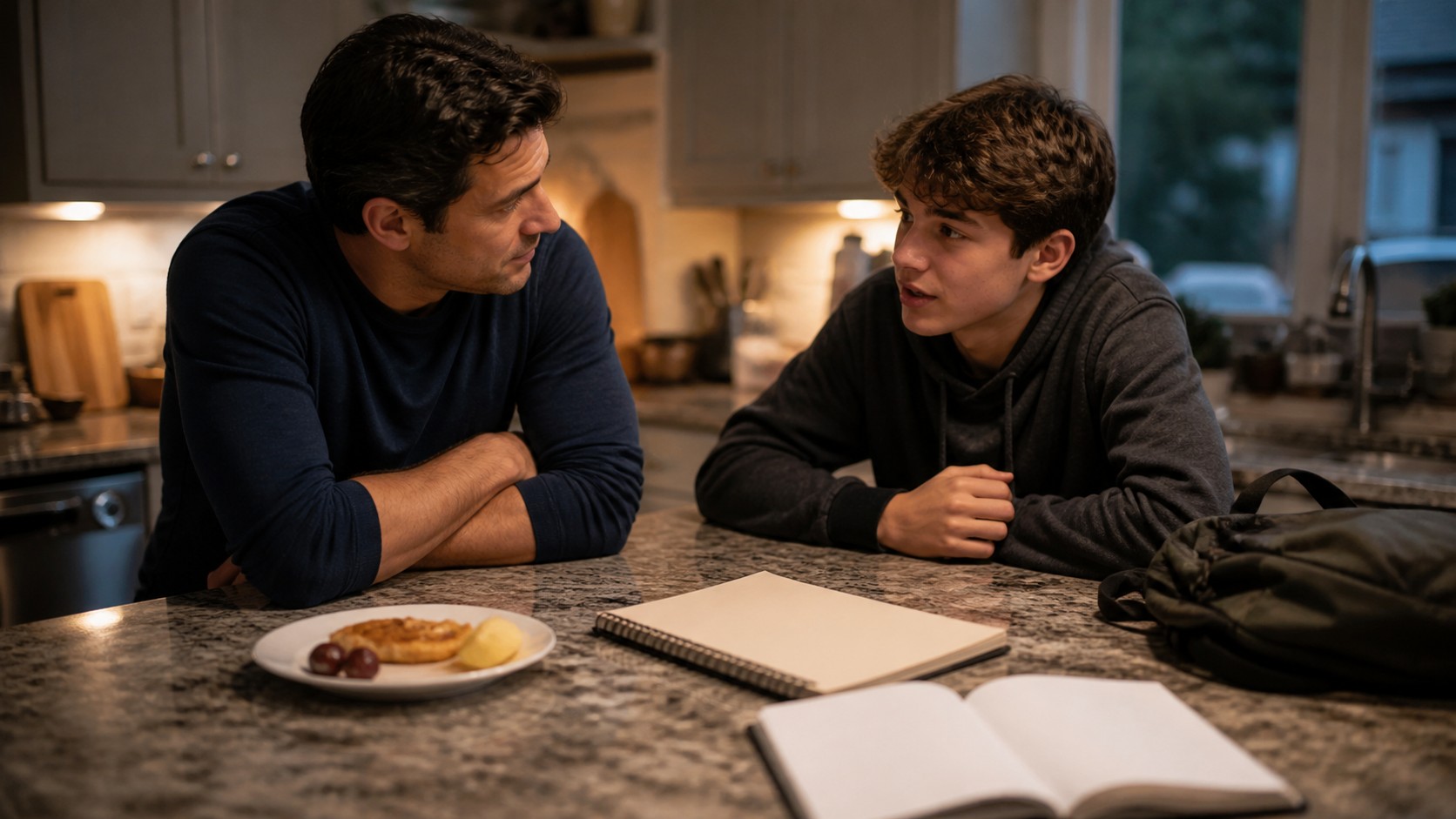 Parent listening to a teen talk about school motivation at home.
