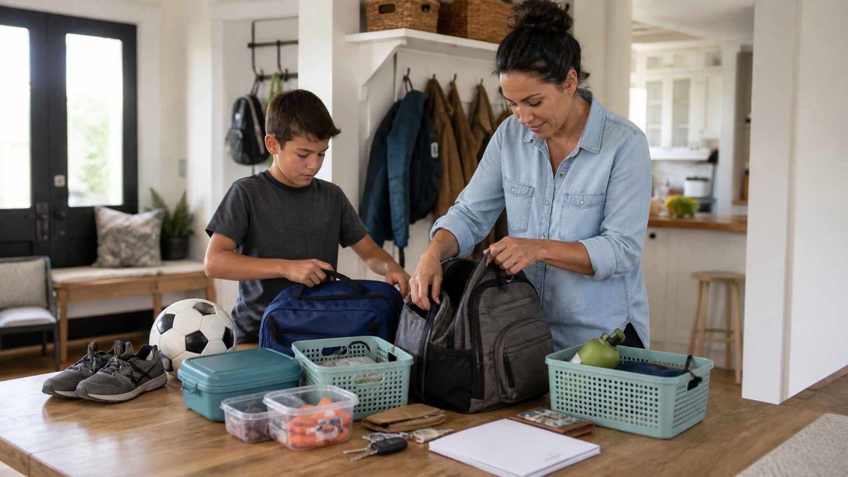 Parent and child organizing family gear in a home entryway.