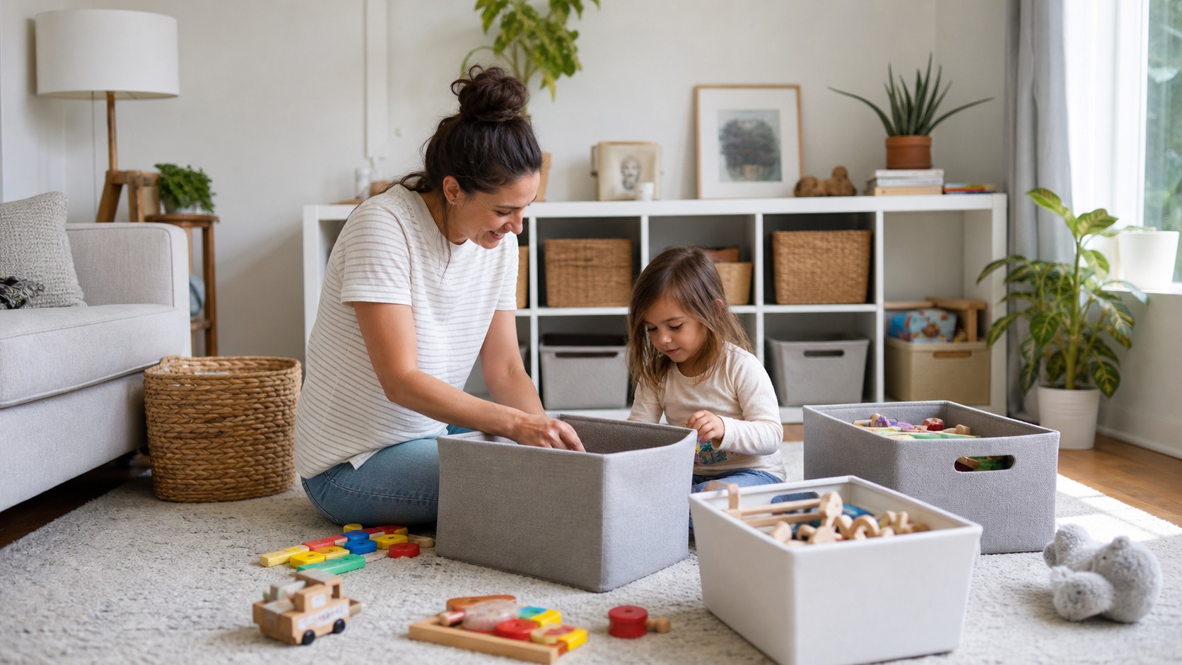 Caregiver and child organizing toys into bins in a bright living room